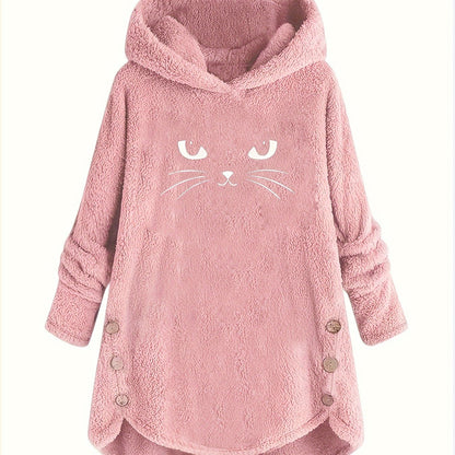 Cat Print Plush Hoodie for Women - Cozy Long Sleeve Button Sweatshirt
