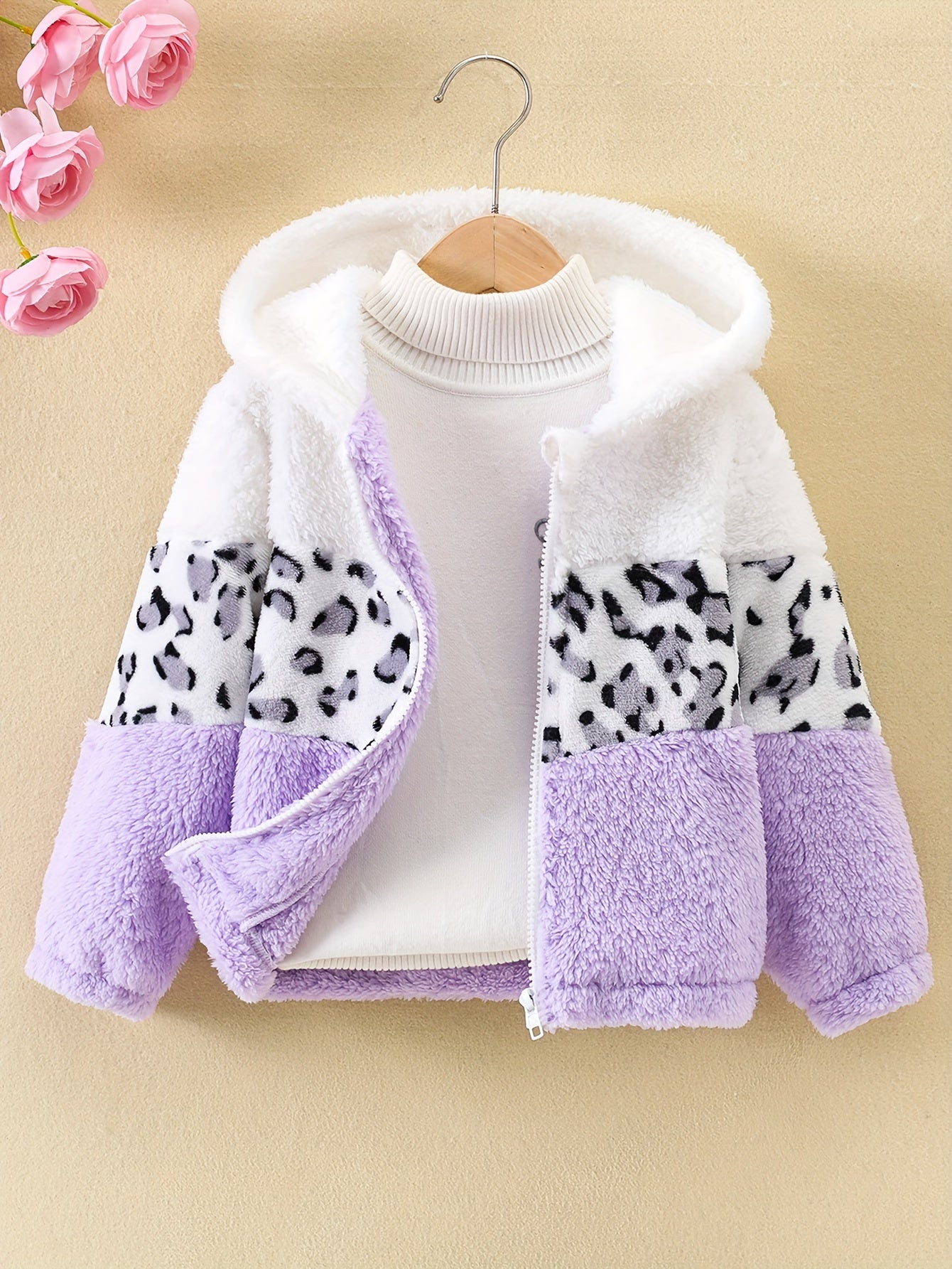 Girls Leopard Print Hoodie - Warm Fleece-Lined Zip-Up Jacket for Fall Winter