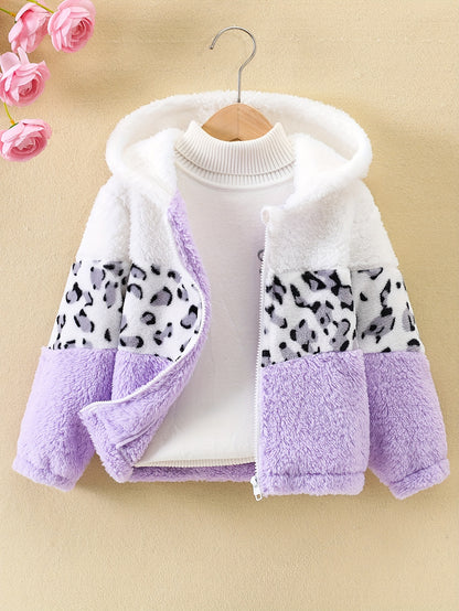 Girls Leopard Print Hoodie - Warm Fleece-Lined Zip-Up Jacket for Fall Winter
