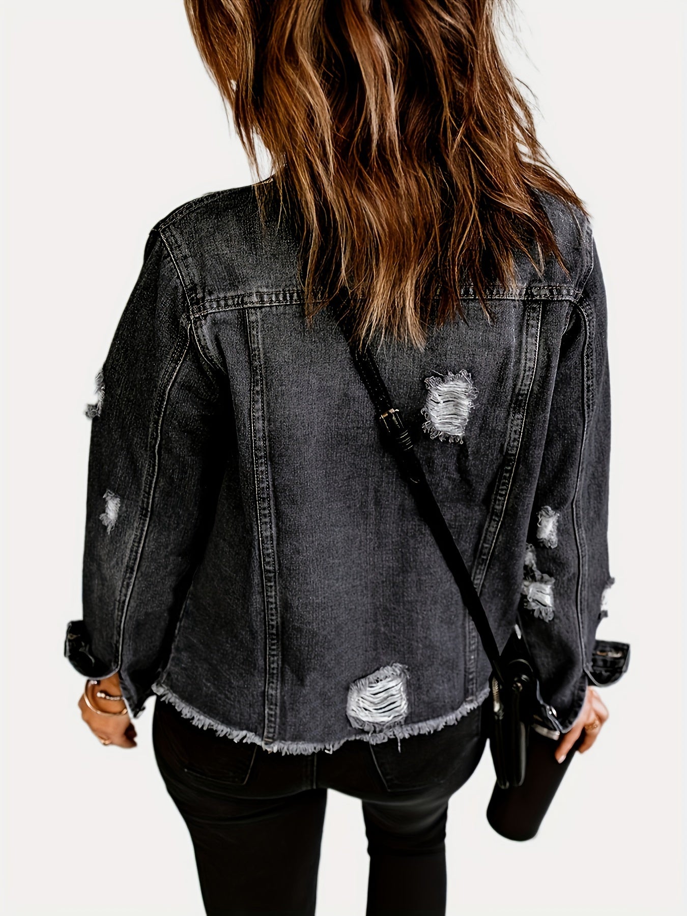 Black Ripped Denim Jacket - Long Sleeve Raw Hem Button Coat with Flap Pockets for Women