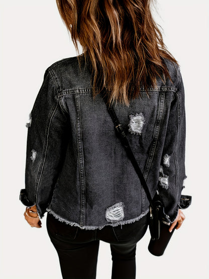 Black Ripped Denim Jacket - Long Sleeve Raw Hem Button Coat with Flap Pockets for Women