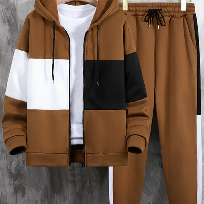 Men's Color Block Tracksuit Set - 2 Piece Full-Zip Hoodie & Joggers
