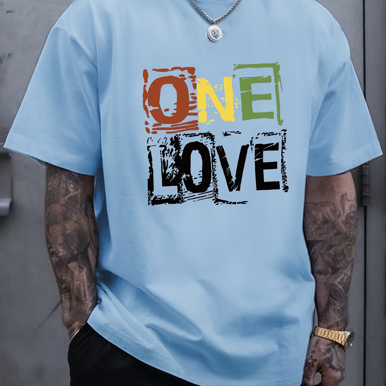 Men's One Love Letter Print T-Shirt - Casual Crew Neck Short Sleeve Tee