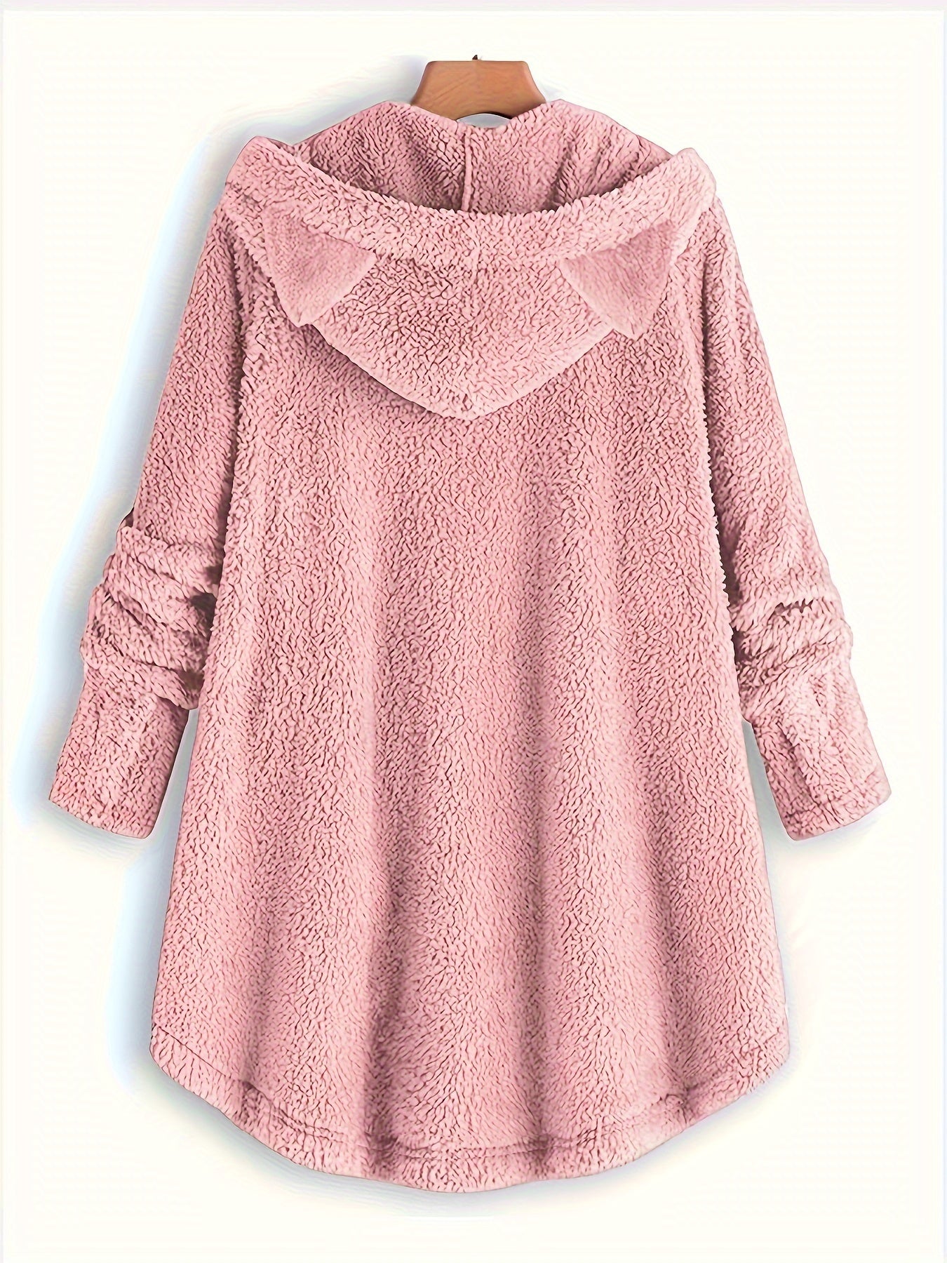 Cat Print Plush Hoodie for Women - Cozy Long Sleeve Button Sweatshirt