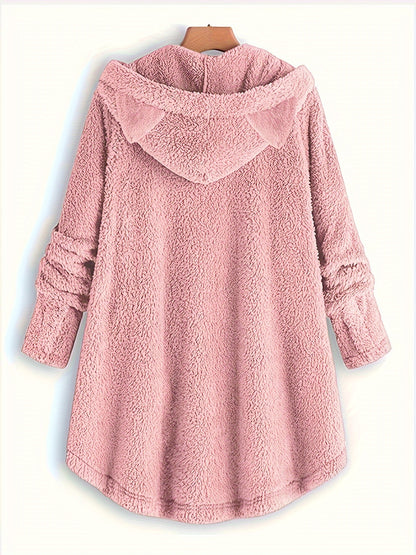 Cat Print Plush Hoodie for Women - Cozy Long Sleeve Button Sweatshirt