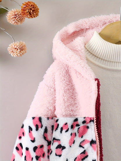 Girls Leopard Print Hoodie - Warm Fleece-Lined Zip-Up Jacket for Fall Winter