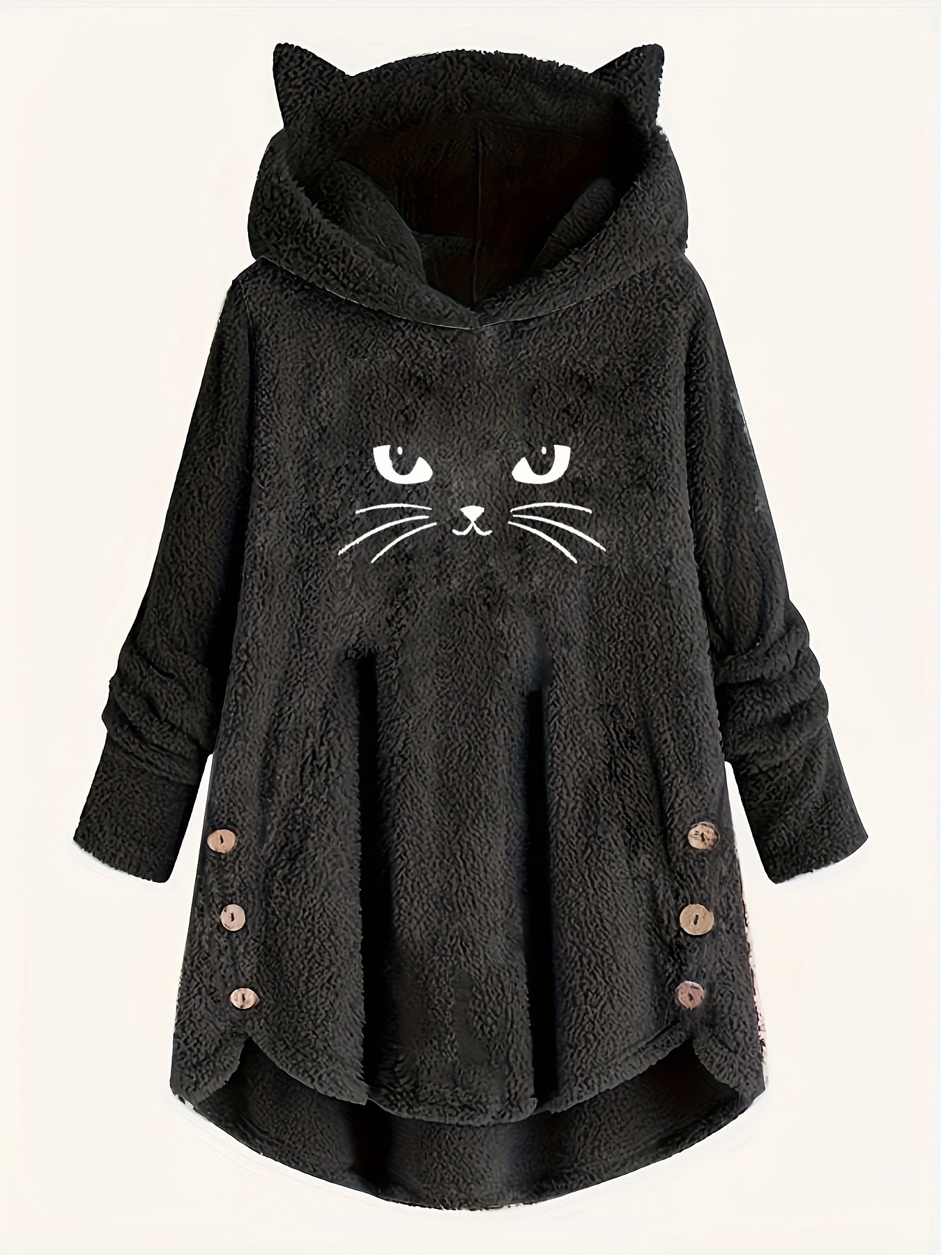 Cat Print Plush Hoodie for Women - Cozy Long Sleeve Button Sweatshirt