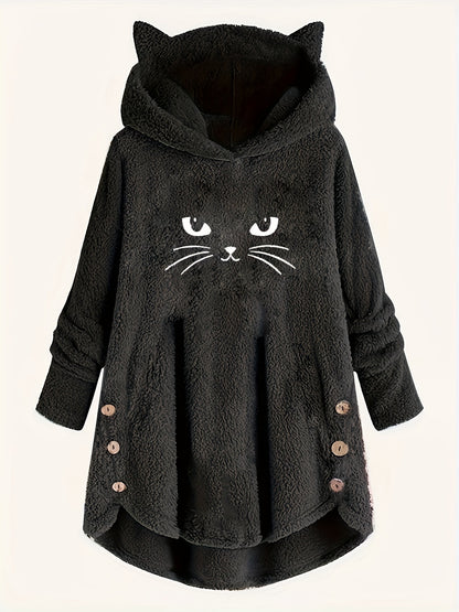 Cat Print Plush Hoodie for Women - Cozy Long Sleeve Button Sweatshirt