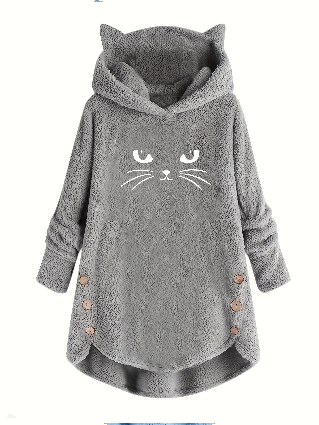 Cat Print Plush Hoodie for Women - Cozy Long Sleeve Button Sweatshirt
