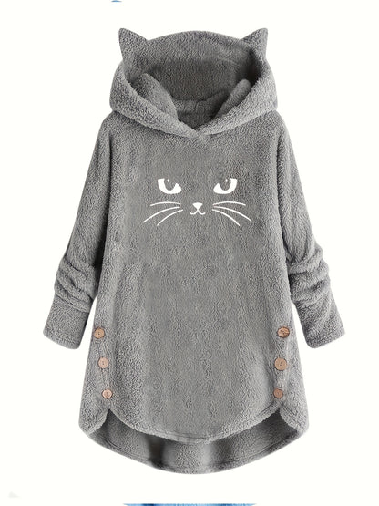Cat Print Plush Hoodie for Women - Cozy Long Sleeve Button Sweatshirt