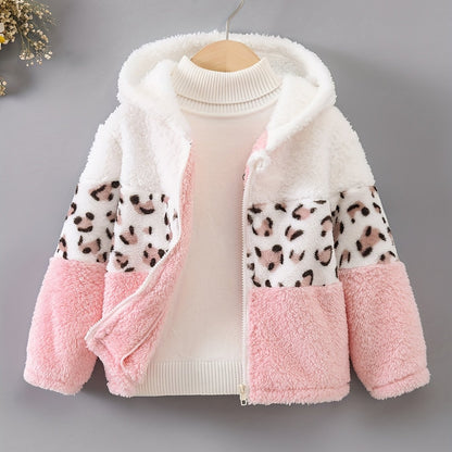 Girls Leopard Print Hoodie - Warm Fleece-Lined Zip-Up Jacket for Fall Winter
