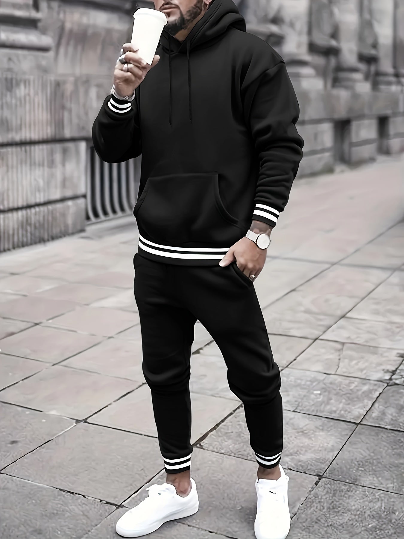 Men's Solid Color Tracksuit Set - Hoodie & Joggers with Pockets