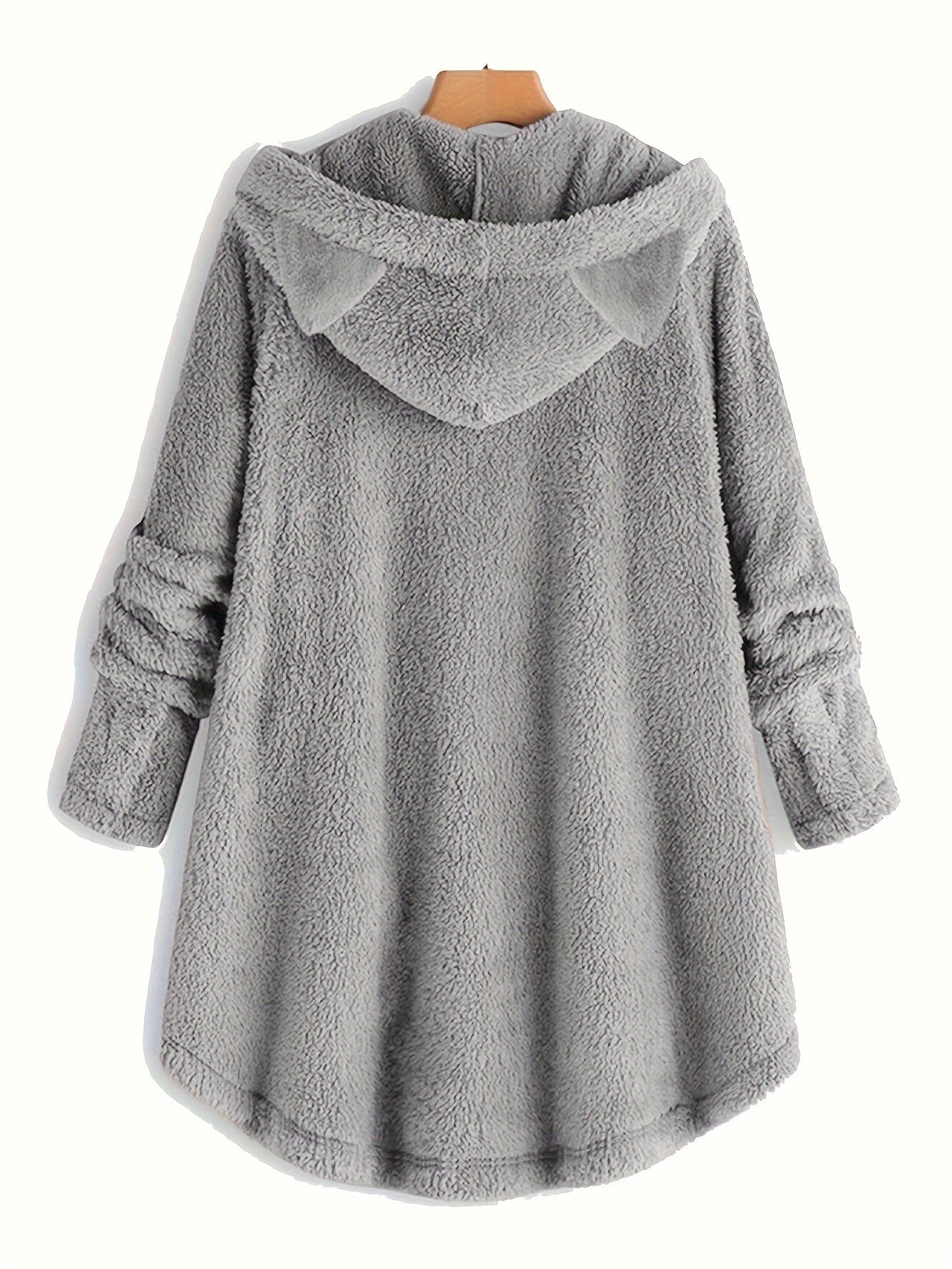 Cat Print Plush Hoodie for Women - Cozy Long Sleeve Button Sweatshirt
