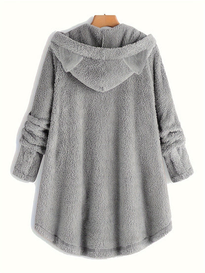 Cat Print Plush Hoodie for Women - Cozy Long Sleeve Button Sweatshirt
