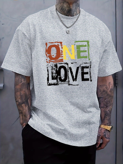 Men's One Love Letter Print T-Shirt - Casual Crew Neck Short Sleeve Tee