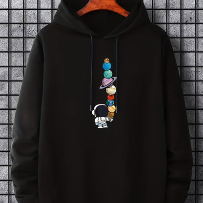 Men's Astronaut Moon Graphic Hoodie - Galactic Print Pullover with Pocket