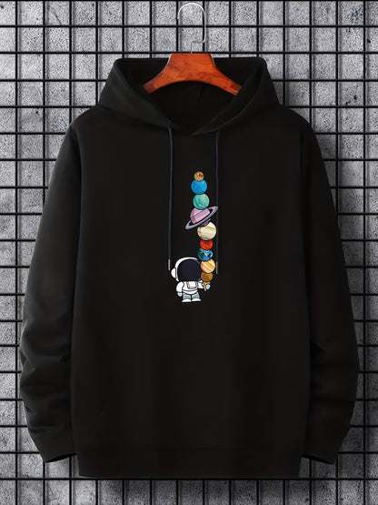Men's Astronaut Moon Graphic Hoodie - Galactic Print Pullover with Pocket