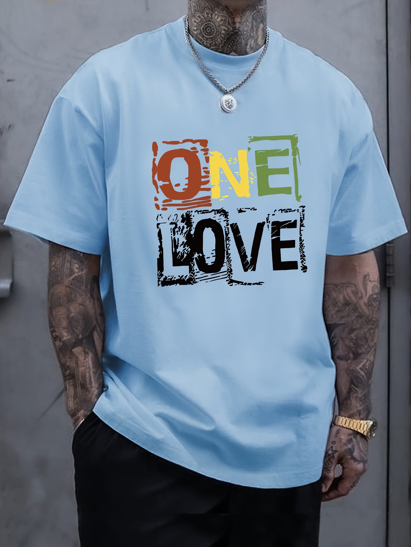 Men's One Love Letter Print T-Shirt - Casual Crew Neck Short Sleeve Tee