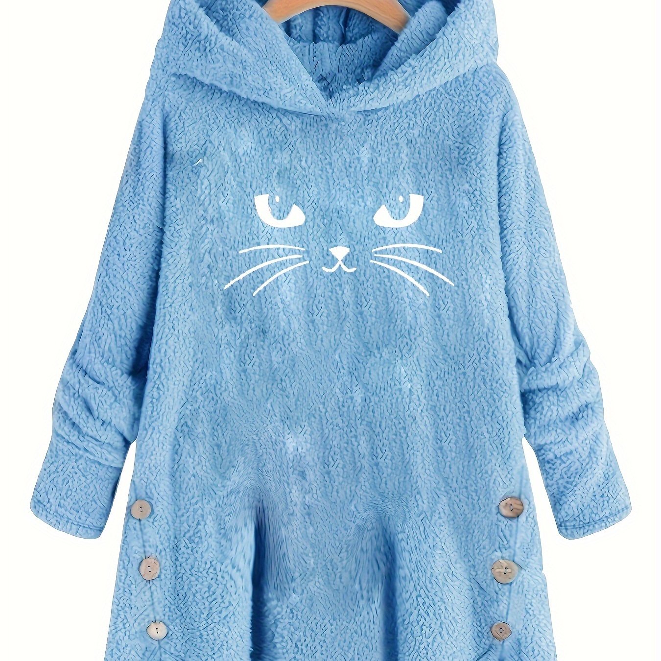 Cat Print Plush Hoodie for Women - Cozy Long Sleeve Button Sweatshirt